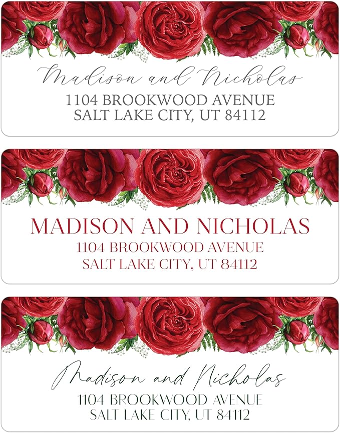 Return Address Labels Personalized with Your Choice of 30 Flower Styles - Choose Font and Font Color or Add Custom Text - Perfect for Wedding Envelopes (018 Red Roses)
