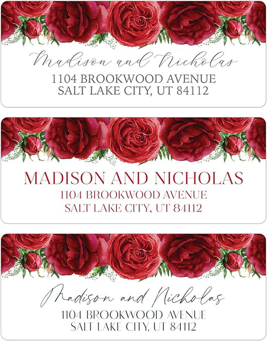 Return Address Labels Personalized with Your Choice of 30 Flower Styles - Choose Font and Font Color or Add Custom Text - Perfect for Wedding Envelopes (018 Red Roses)