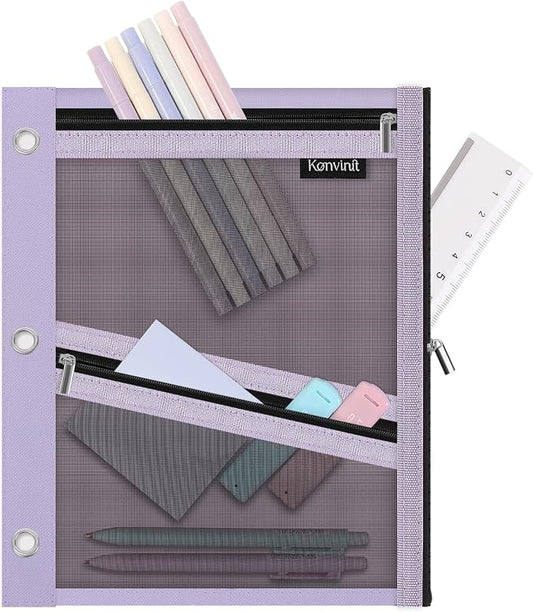 KONVINIT Pencil Pouch for 3 Ring Binder, Purple Zipper Binder Pencil Pouch | Zipper Pencil Pouches, Durable Cloth Pencil Case With 3 Pockets, Mesh Window Pencil Bag With Supplies, Cables, Makeup
