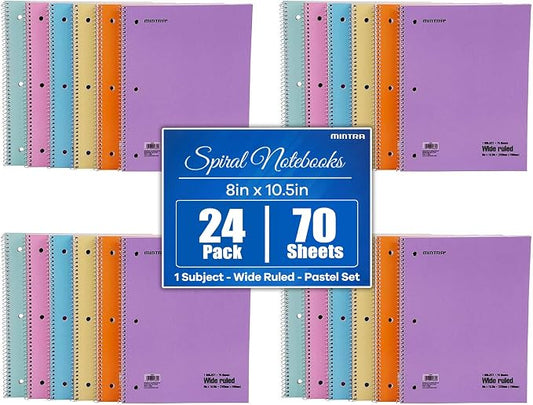 Mintra Office Spiral Notebooks, Wirebound, Journals for School, Work, Business, Aesthetic Stationery, Writing Pads, Teacher & Student Supplies (24, Pastel, Wide)