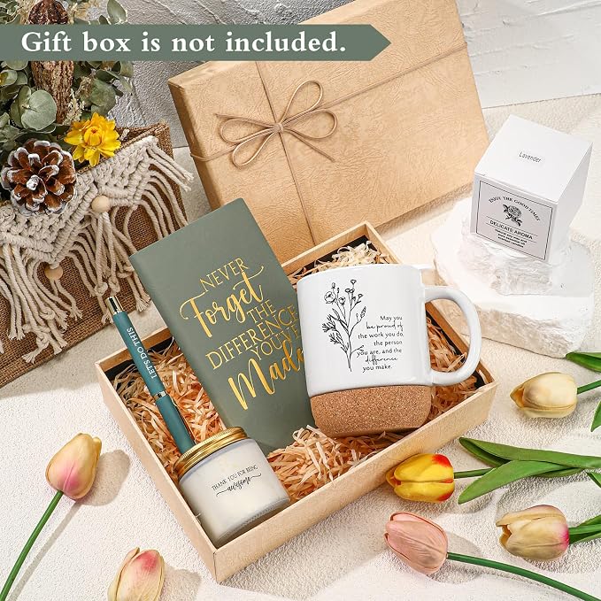 Sayglossy 4 Pcs Inspirational Thank You Gifts Set for Employee Back to School Teacher Never Forget The Difference You Made Notebook Coffee Mug Candle Ballpoint Pen for Team Coworker Volunteer Mom