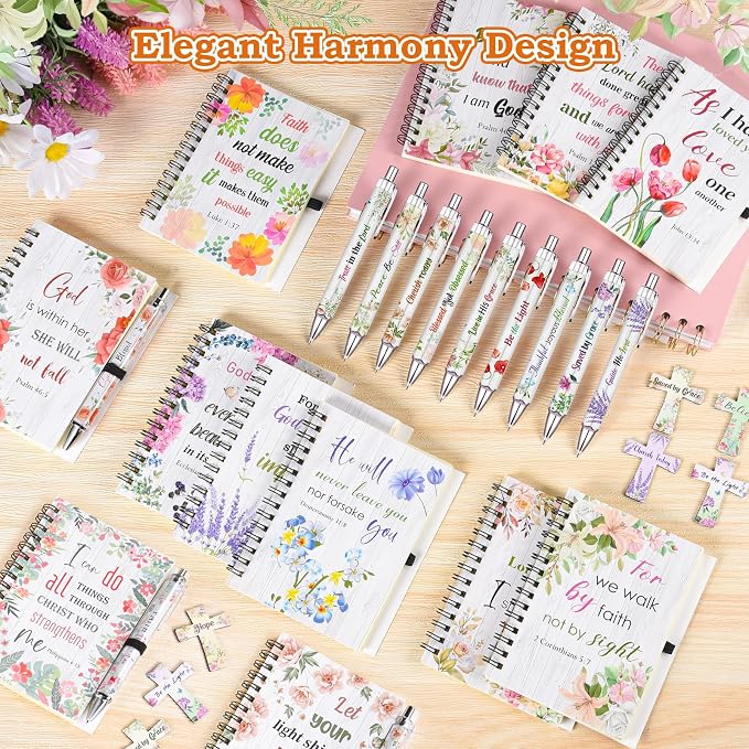 36 Pcs Christian Bulk Gifts for Women: Floral Small Journal Religious Gift | 12 Bible Verse Spiral Notebooks, 12 Scripture Pens, 12 Magnetic Bookmarks, Prayer Journal for Coworkers Teachers Students Men