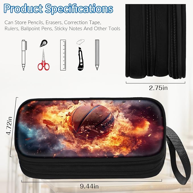 TILYTADLY Large Pencil Case for Boys - Basketball Boys Pencil Pouch with Zipper Compartments - Big Capacity Pen Box Pen Bag Organizer with Keychain for Kids Teens School