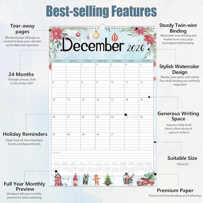 GuassLee Large Wall Calendar 2026-2027,24-Month Vertical Wall Calendar Runs from Jan. 2026 to Dec. 2027, 22"x15" Hanging Monthly Planner with Thick Paper Watercolor Design for Easy Organizing