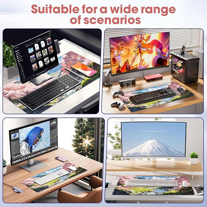 Cherry Blossom Anime Large Gaming Mouse Pad, 31.5x15.7 Inch, Non-Slip Rubber Base, Stitched Edges, Waterproof Desk Mat