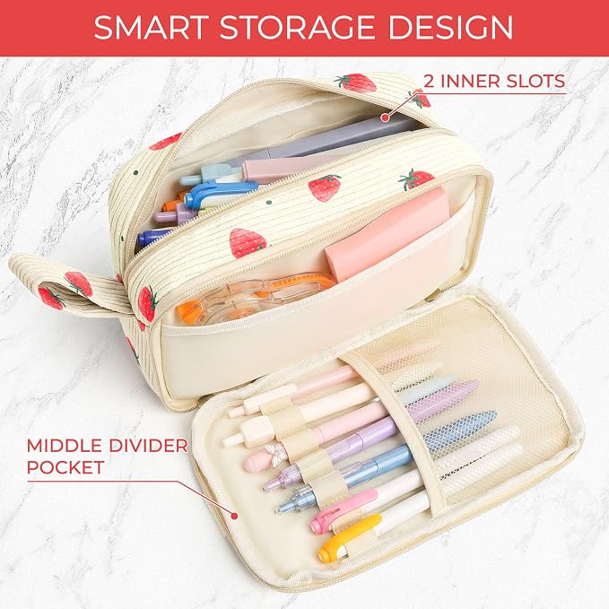 WOBAGMEN Cute Pencil Case,Large Corduroy Zippered Pencil Case Pouch, aesthetic Pencil Bag with Compartments, Pencil Pouch School Supplies (Tiny Strawberry)
