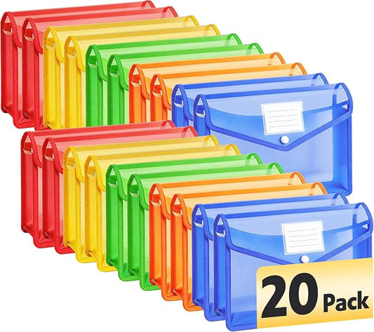 AZEN 20 Pack Plastic Expanding File Folder, Plastic Envelopes with Snap Closure for Documents, Accordion Folder Organizer for File Folder, No Dividers, Fit Letter/A4 Size