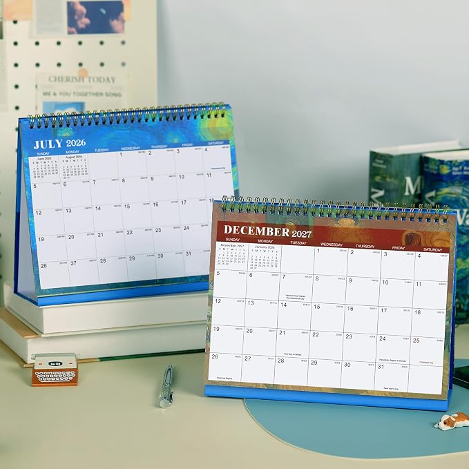 Desk Calendar 2026-2027 Flip Desktop Calendar Jul 2026 - Dec 2027 | 9.8" x 8.3" Starry Night Van Gogh Desk Planner with Thick Paper for Office Home School