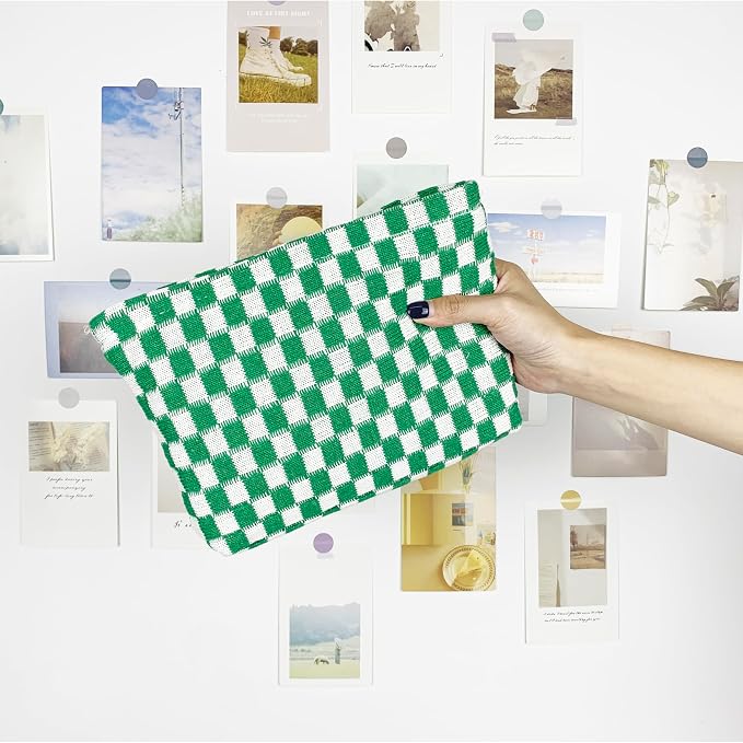 PAZIMIIK Checkered Makeup Bag for Purse, Small Flat Cosmetic Pouch,Green | Cute Zipper Makeup Organizer for Women, Travel Essentials, Toiletries, Makeup Brushes, Beauty Accessories&Bridesmaid Gifts