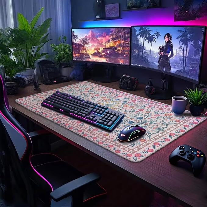Pink Floral Desk Mat 31.5"x15.7" | Extra Large Mouse Pad, Non-Slip Rubber Base, Waterproof Desk Blotter, Stitched Edges, Smooth Computer Mat Office