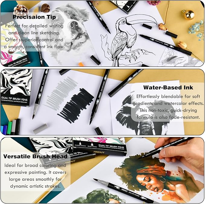 Black Markers for Drawing - Brush Pens for Artists, 12 Pack | Dual Brush Pens Black Fine & Brush Markers for Art Drawing, Sketching, Outlining, Manga, Calligraphy Pens