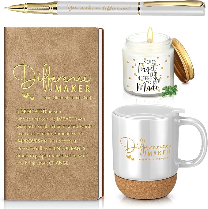 Vesici 4 Pcs Difference Maker Gift Set Mug Notebook Candle Pen,White,Word