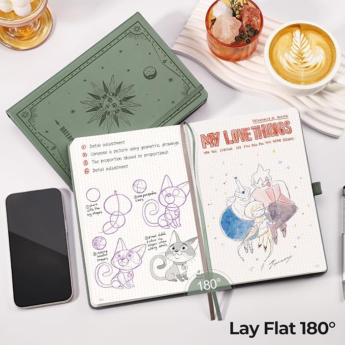 EMSHOI Dotted Journal Notebook, 320 Pages, A5 Size (5.7'' x 8.3'') | Leather Hardcover, 100 GSM Thick Paper, for Journaling, Planning, Tracking & Sketching, Sun Debossed (Green)