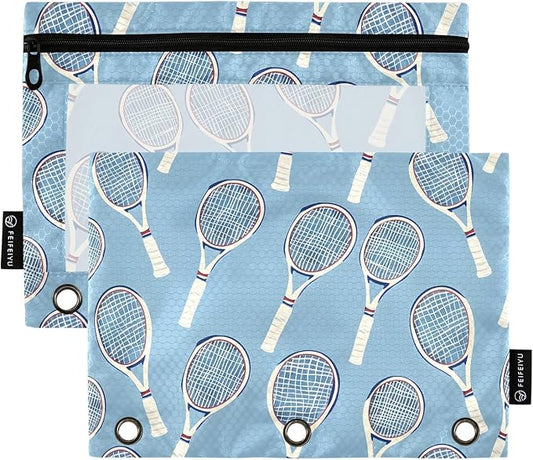 ALAZA Tennis Racket Blue Pencil Pouch for 3 Ring Binder 2 Pack Zipper Binder Pencil Bag Case with Clear Window Office Supplies