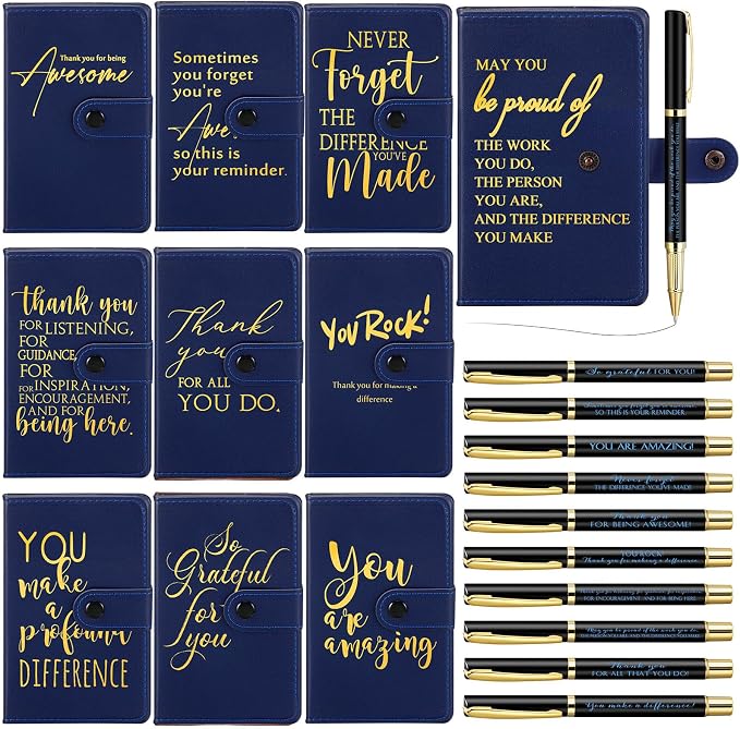 Dispowreath 10 Sets Thank You Leather Journal Notebook with Appreciation Ballpoint Pen Employee Gift for Teacher Nurse Coworker Team Office Staff Vet Tech Housekeeper (Navy Blue,Appreciation Sign)