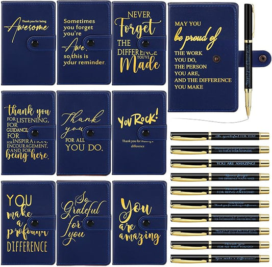 Dispowreath 10 Sets Thank You Leather Journal Notebook with Appreciation Ballpoint Pen Employee Gift for Teacher Nurse Coworker Team Office Staff Vet Tech Housekeeper (Navy Blue,Appreciation Sign)