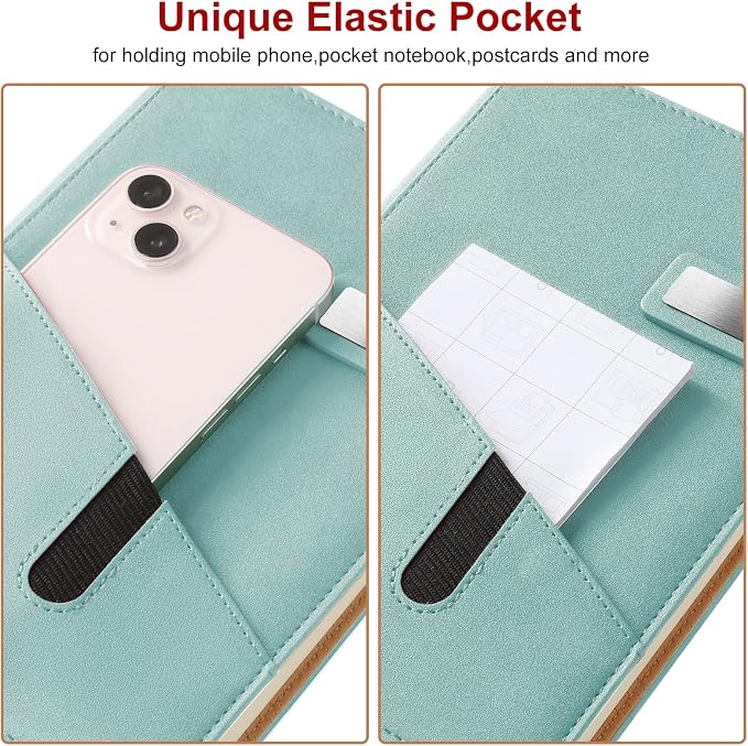 A5 Lined Leather Journal with Pen, 240 Pages Refillable Hardcover Notebook with Pocket and Magnetic Buckle, 80gsm Thick Daily Diary for Men Women, Great Gift for Business Travel Personal - Light Green