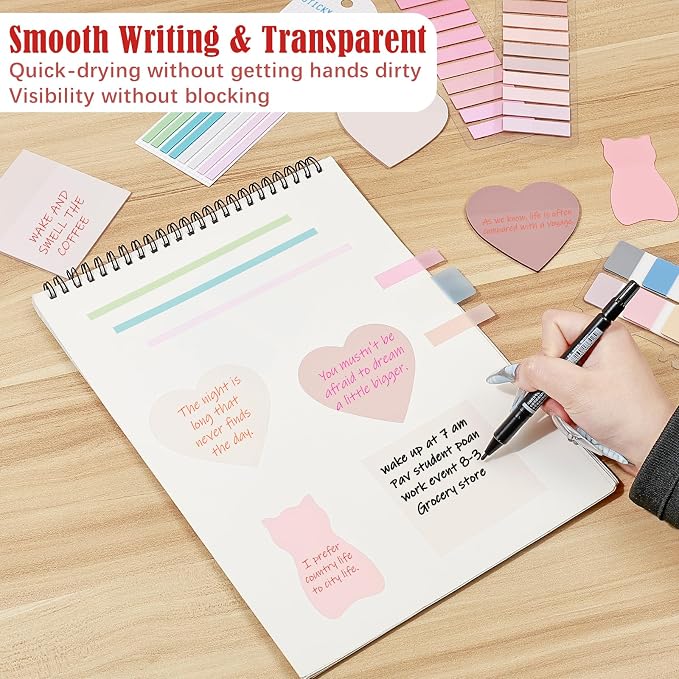 BAYTORY 850 Sheets Transparent Sticky Notes with Permanent Markers (Pink) | Clear 3 x 3 inch Sticky Note to Post Book Annotation Kit, See Through Self-Adhesive Index Tabs for Bible Journaling