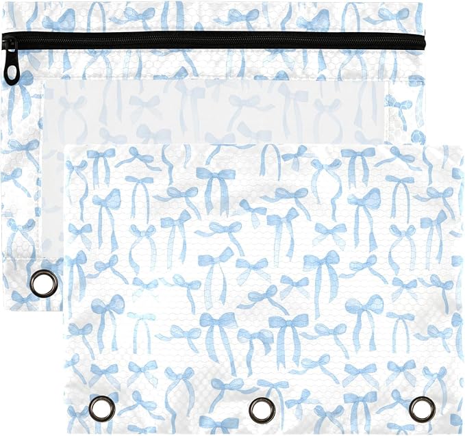 Wamika Bowknot Blue White Binder Pouches 3 Ring for Boys Girls School Office College Supplies Bow Ribbon Tie Pencil Pouches Case Bag with Clear Window and Zipper 2 pack
