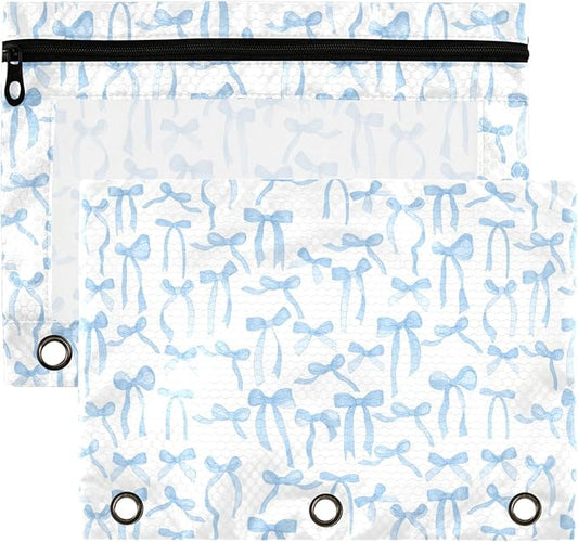 Wamika Bowknot Blue White Binder Pouches 3 Ring for Boys Girls School Office College Supplies Bow Ribbon Tie Pencil Pouches Case Bag with Clear Window and Zipper 2 pack