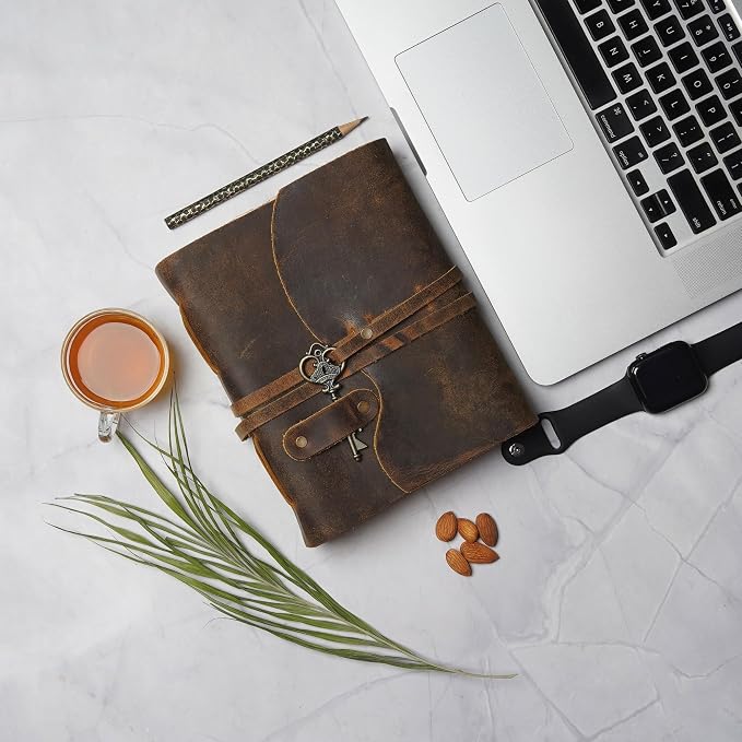LEATHER VILLAGE Vintage Leather Journal – 200 Handmade Vintage Deckle Edge Paper – Leather bound Journal For Women Men – Vintage Key Closure - Book of Shadows - Cappuccino Brown - 8X6 inches (A5)