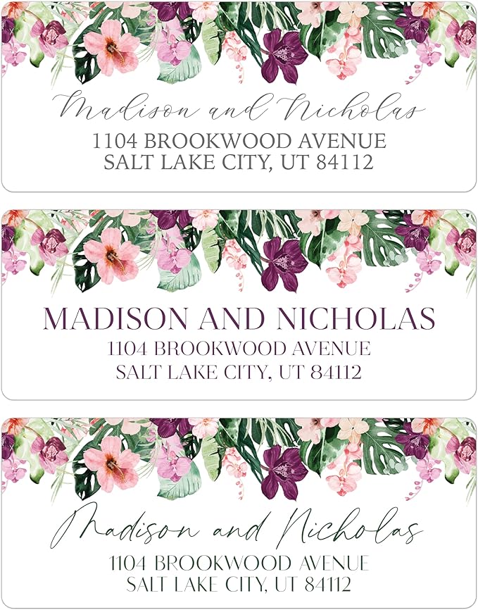 Return Address Labels Personalized with Your Choice of 30 Flower Styles - Choose Font and Font Color or Add Custom Text - Perfect for Wedding Envelopes (007 Tropical Flowers)