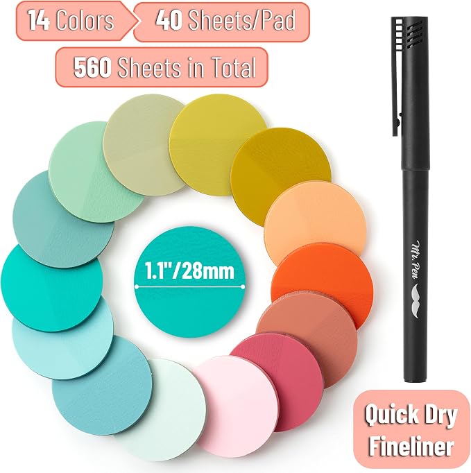 Mr. Pen- Round Transparent Sticky Notes, 1.1” Diameter, 14 Pads, 560 Sheets | Colorful, Water-Resistant See-Through Sticky Notes & Fineliner, Smooth Writing, Note Tabs for Bible Journaling, Studying