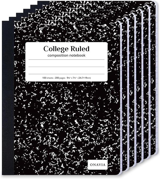 ONAVIA Composition Notebook College Ruled 6 Pack, 200 Pages, Marble Black | 100 ct, 9.75 x 7.5 in, Durable Comp Book, School Notebooks, Students, Note Taking, Writing, Teachers