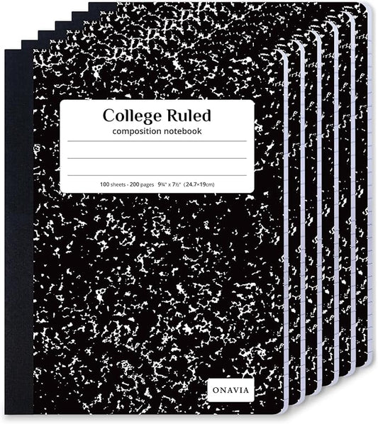 ONAVIA Composition Notebook College Ruled 6 Pack, 200 Pages, Marble Black | 100 ct, 9.75 x 7.5 in, Durable Comp Book, School Notebooks, Students, Note Taking, Writing, Teachers