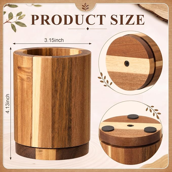 360° Rotating Pen & Pencil Holders Accessories 4.2" Acacia Wood Desktop Pencil Holder Containers Farmhouse Stationery Organizer Stand for Office Table Desk Accessory