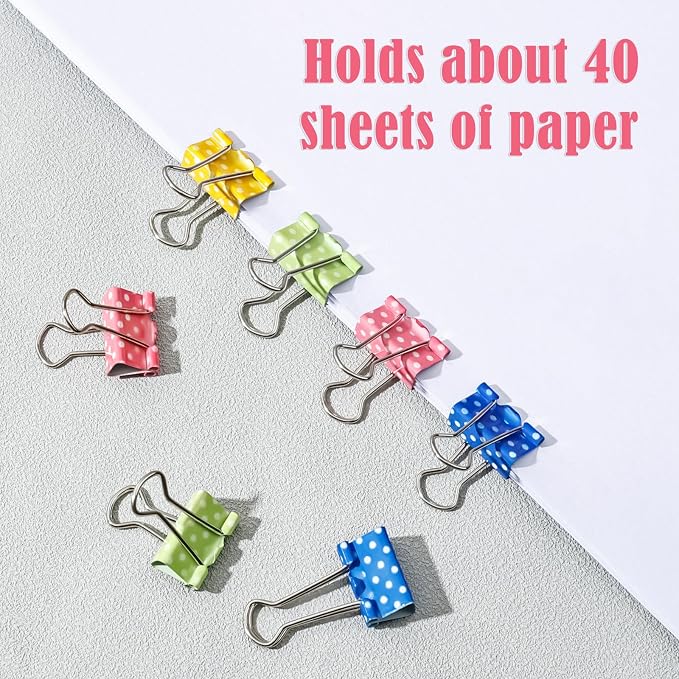 BAYTORY 32Pcs Polka Dot Binder Clips, 3/4 Inch (19 mm) Small Binder Clips | Colored Paper Clamps, Paper Clip for School Teachers Office Supplies (Yellow, Green, Blue, Pink)