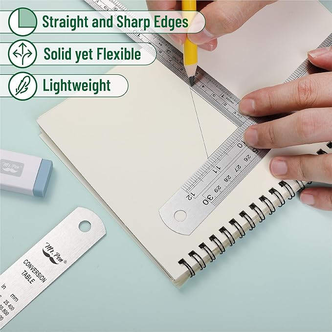 Mr. Pen- Metal Straight Edge Ruler, 3 pcs, 6", 12", 16" | Stainless Steel Ruler Set, Imperial & Metric Measurements for Drawing, Home, Office, Engineering