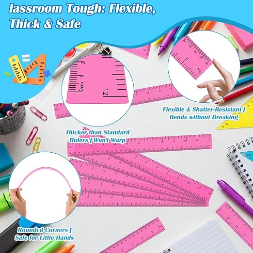 36 Pack 12 Inch Clear Pink Plastic Rulers Bulk, Transparent Metric Rulers with Centimeters and Inches, Straight Measuring Rulers for Back to School, Kids Classroom School Office Home Supplies