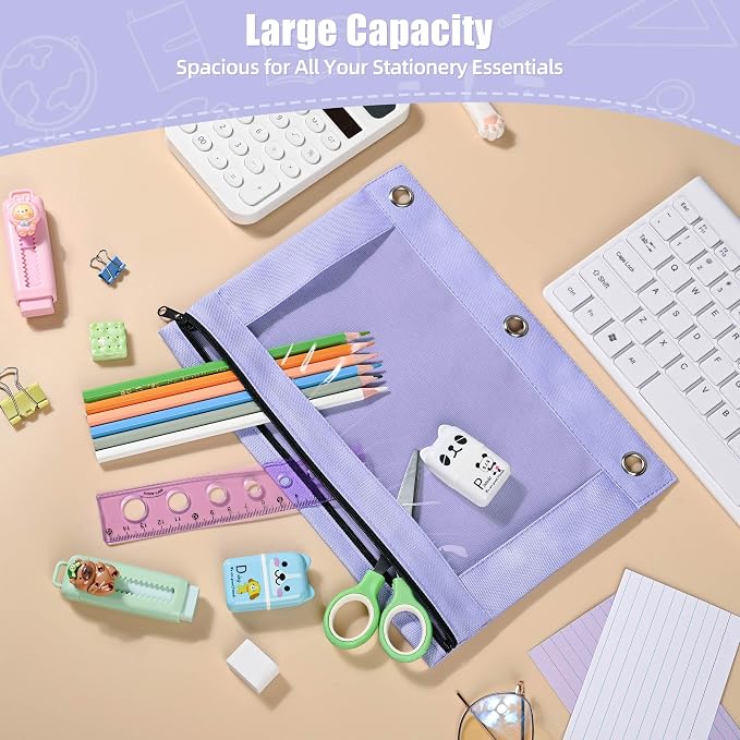 Lanpn Pencil Pouch for 3 Ring Binder 6 Pack, Purple Binder Pen Bags with Zipper, Cute 3 Holes Pencil Pouches Organizer for Boy Girl Kids School Student, Reinforced Grommets & Clear Window