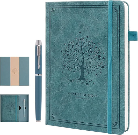 OnMove Lined Notebook with Gift Box for Women Men 320 Pages A5 Hardcover Leather with Pen Holder College Ruled Journals for Work Note Taking Travel School Sky Blue