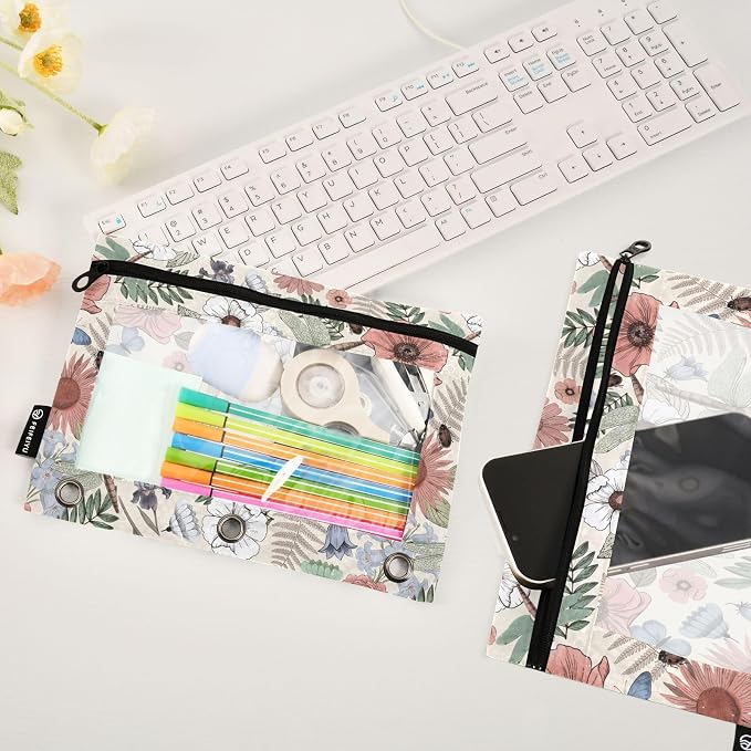 ALAZA Pencil Pouch for 3 Ring Binder, Boho Flowers Dragonflies Custom Binder Pencil Pouches with Clear Window Zipper Pencil Case Cosmetic Bags for Office College Supplies, 2PCS
