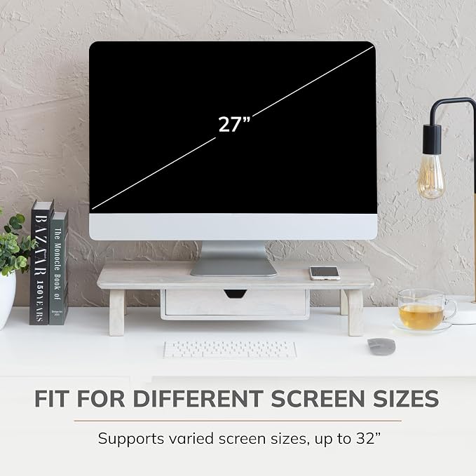Anji Mountain Monitor Stand - Desktop Organizer & Laptop Riser, Ergonomic Monitor Riser, Space-Saving Monitor Stand for Desk, Durable Construction, Easy Assembly, Ideal for Home & Office,White Wash