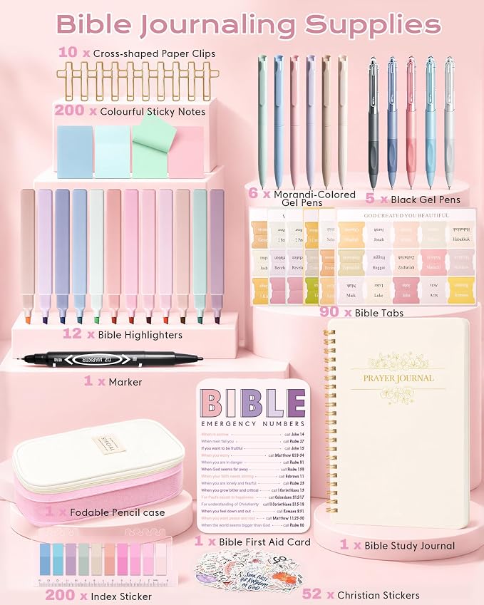 XKDOUS 60 Pcs Bible Study Supplies, Bible Study Kit for Women, Bible Journaling Supplies with Spiral Notebook Journal, Bible Tabs, Pen Case and More, Bible Highlighters and Pens No Bleed for Books