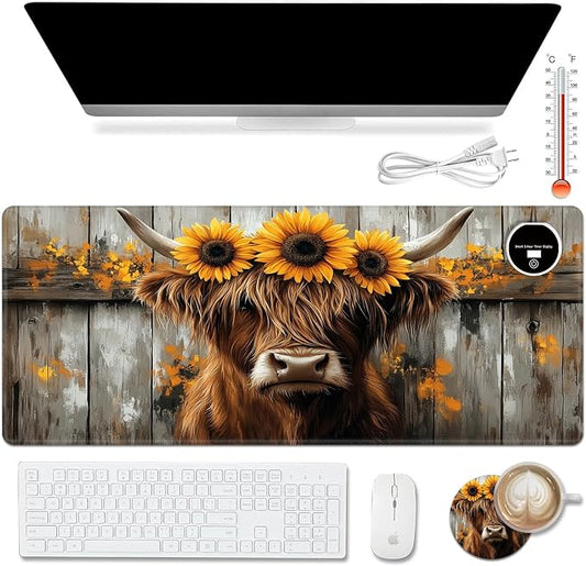 Warm Desk Pad,Heated Desk Pad,Office Mat,3 Heating Levels & 3 Hours Auto Shut-Off,31.5"*13" Gaming Mouse Laptop Keyboard Leather Desk Mat,Highland Cow Wood