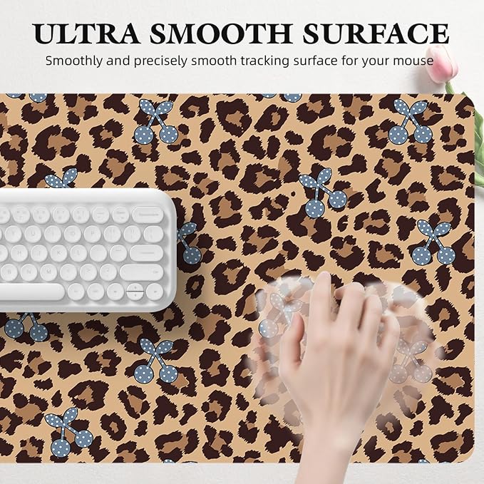 Cherry Leopard Print Leather Desk Mat Extended Gaming Mouse Pad | Non-slip Large Writing Pad Laptop Blotter Computer Keyboard Mat | Cute Brown Desk Protector for Home Office 27.6" x 13.8"