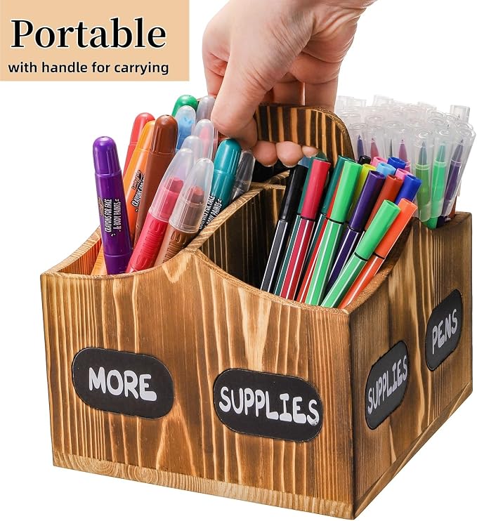 Covzoe 360° Rotating Art Supply Organizer, Wood Pen Pencil Holder with Handle, 4 Slots Lazy Susan Desktop Storage Caddy for Paint Brushes, Crayons, Art Studio, School, Office Supplies