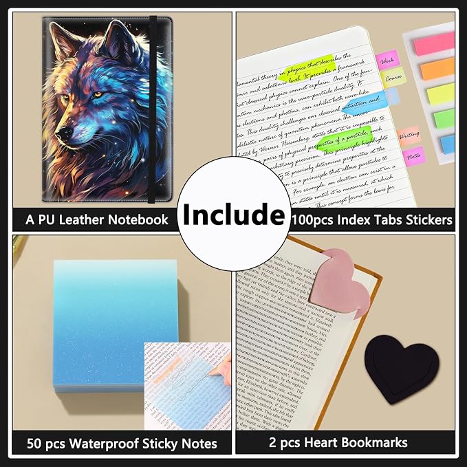 A5 Leather Lined Journal Notebook, 200 Pages Hardcover Executive Notebook for Men Women Office School Note Taking, Thick Writing Paper Daily Journal with Bookmarks/Indexes, Wolf