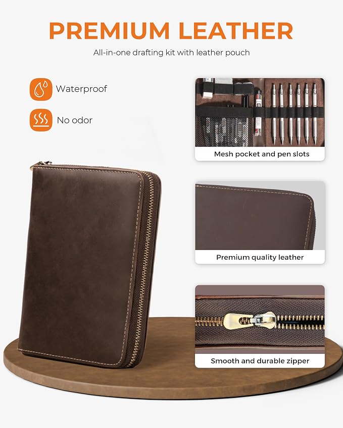STAGEEK Metal Mechanical Pencil Set in Leather Case, 5PCS Art Drafting Pencil 0.3, 0.5, 0.7, 0.9 & 2mm Lead Holder, 9 Tube (4B 2B HB 2H Colors) Lead Refills for Drawing, Sketching, Writing (Silver)