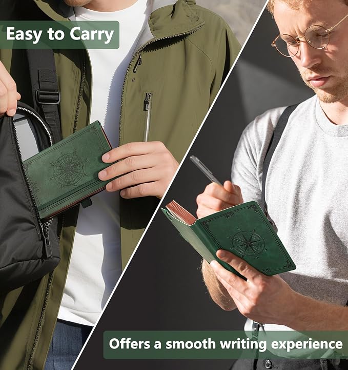 AHGXG Small Lined Pocket Notebook, 256 Numbered Pages, B6 (4.1'' X 5.7'') | College Ruled Mini Journal, Vintage Leather Softcover, 80gsm Paper, for Men Women Work Office School (Dark green)