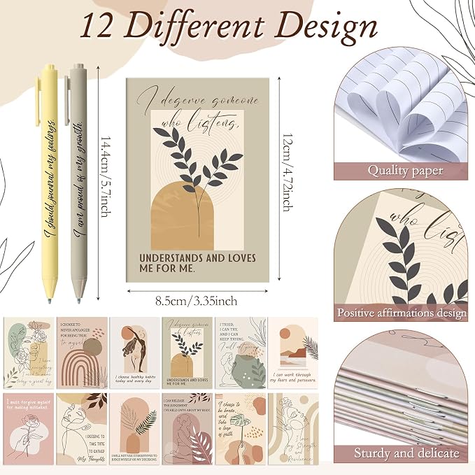 Mooliwe 24 Pcs Positive Affirmation Gift Set Gratitude Notebooks with Pens Small Bags Motivational Encouragement Notepads Daily Affirmations Journal for Women Stress Relief Self Care (Boho)
