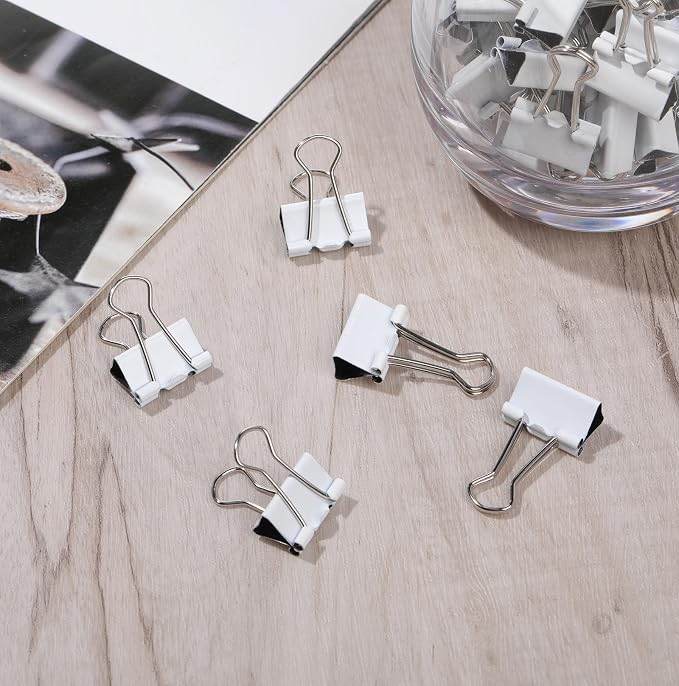 Jetec 300 Pcs 0.75in/19mm White Metal Material Binder Clips Bulk Medium Reusable Fold Back Binder Clips Paper Clamps Spring Steel Sturdy for Home Office School Supplies