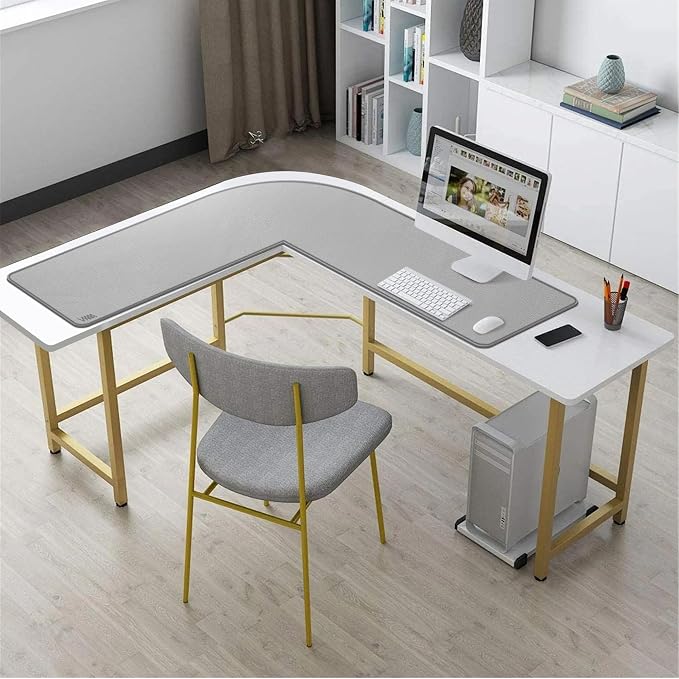 Vyaaa L Shaped Desk Mat Leather Desk Pad, PU Leather Corner Desk Mat for Computer, Gaming, Writing, Home and Office, 39.4"x 39.4"x 13" Light Gray