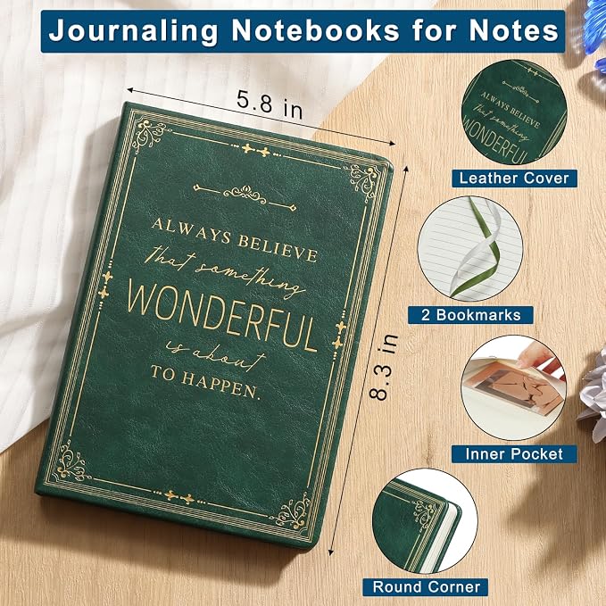 Leather Journal Notebook for Men, A5 Green Journal Note Book, Artisan Travel Journal for Writing, Bible Journaling Notebook 200 Pages, Hardcover College Ruled Gifts Journal for Work, School, Friends