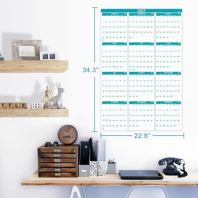 2027 Wall Calendar, 34.3" x 22.8"(open), Jan.2027 - Dec.2027 | Yearly Wall Calendar 2027, 2027 Calendar with Thick Paper, One Page for Organizing, Vertical, Round Stickers - Green