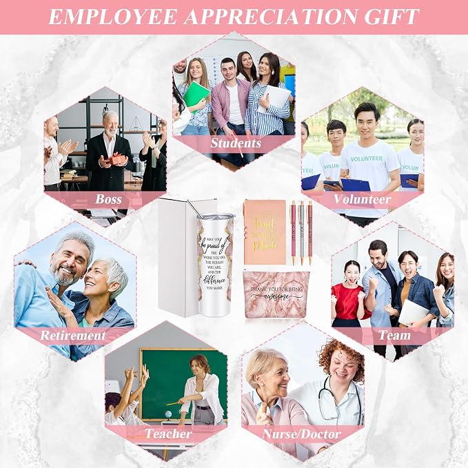 Domensi 6 Pcs Employee Appreciation Gift Set for Women Female Thank You Gift May You Be Proud 20 oz Rustic Marble Sign Tumbler Makeup Bag Journal for Boss Teacher Work Business(Pink)